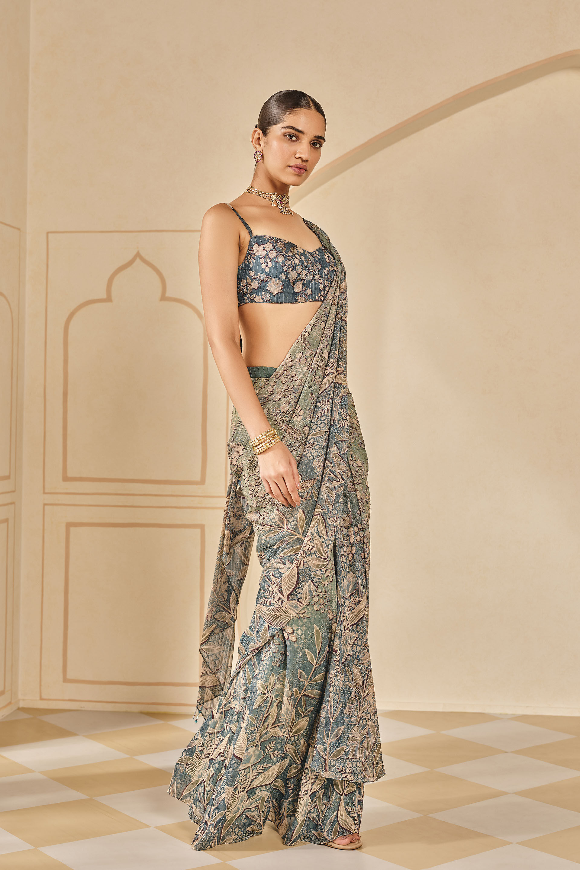 Turaya Printed Pre-draped Saree - Powder Blue